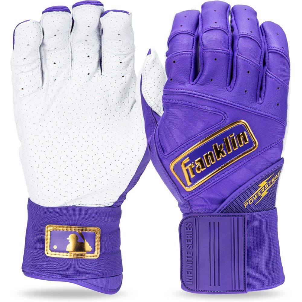 imageFranklin Sports MLB Batting Gloves  Infinite Powerstrap Baseball  Softball Long Cuff Batting Gloves  Adult  YouthPurpleGold