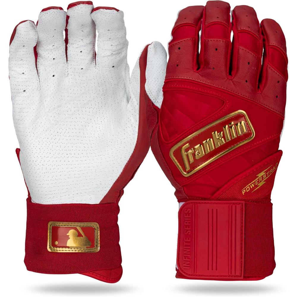 imageFranklin Sports MLB Batting Gloves  Infinite Powerstrap Baseball  Softball Long Cuff Batting Gloves  Adult  YouthRedGold
