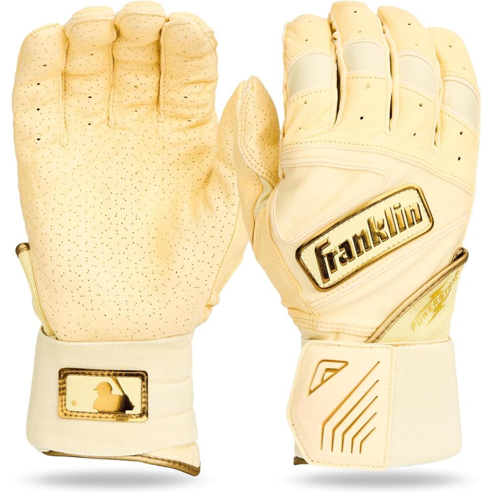 imageFranklin Sports MLB Batting Gloves  Infinite Powerstrap Baseball  Softball Long Cuff Batting Gloves  Adult  YouthVanillaGold