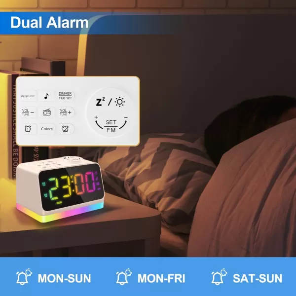 Digital Alarm Clock with FM Radio for Bedroom 8 Colors Night Light with 2 Charging Port Sleep Sound Machines with Timer Dual Alarm Loud Alarm and Easy to Use for Seniors and Kids as Gift BlackWhite