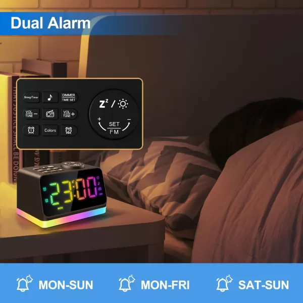 Digital Alarm Clock with FM Radio for Bedroom 8 Colors Night Light with 2 Charging Port Sleep Sound Machines with Timer Dual Alarm Loud Alarm and Easy to Use for Seniors and Kids as Gift BlackBlack