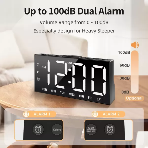 Digital Alarm Clock with Large Display Big Bold Numbers Dimmer 2 USB Charging Ports Snooze Small Table Desk Clock for Bedroom Living Room Clock for Heavy SleepersBlack With Rgb Font