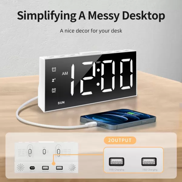 Digital Alarm Clock with Large Display Big Bold Numbers Dimmer 2 USB Charging Ports Snooze Small Table Desk Clock for Bedroom Living Room Clock for Heavy SleepersWhite