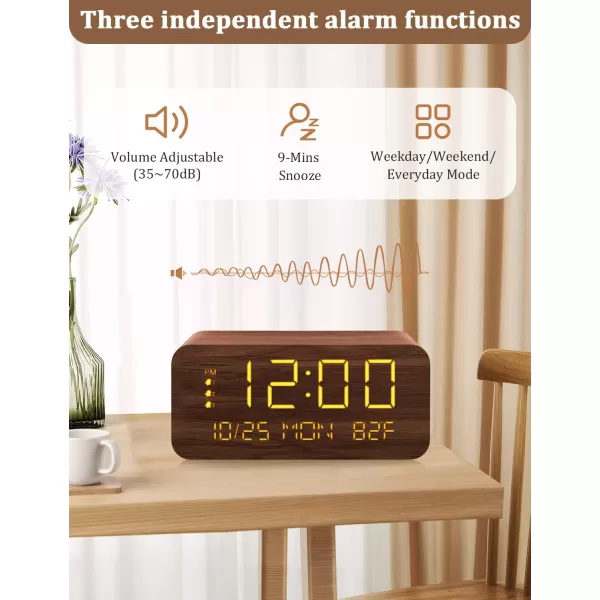 Digital Alarm Clock with Wooden Electronic LED Time Display 3 Alarm Settings 10W Wireless charging Day of the week Temperature Detect Wood Made Digital Clocks for Office Bedroom Bedside BlackBrown