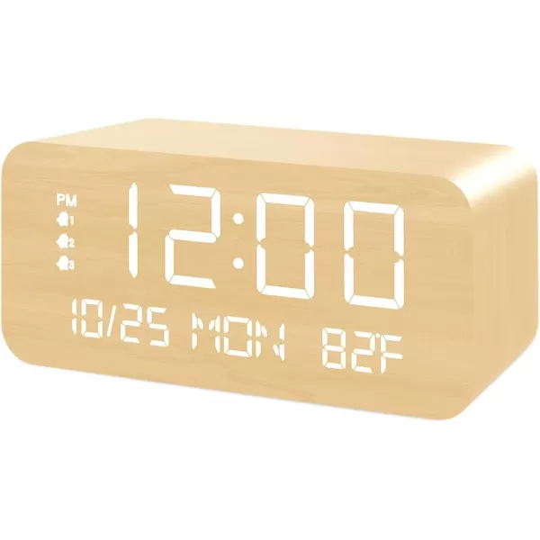 Digital Alarm Clock with Wooden Electronic LED Time Display 3 Alarm Settings 10W Wireless charging Day of the week Temperature Detect Wood Made Digital Clocks for Office Bedroom Bedside BlackYellow