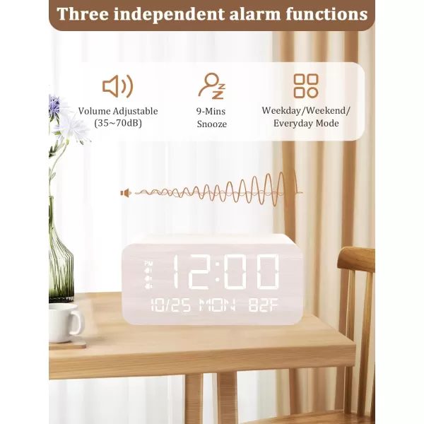 Digital Alarm Clock with Wooden Electronic LED Time Display 3 Alarm Settings 10W Wireless charging Day of the week Temperature Detect Wood Made Digital Clocks for Office Bedroom Bedside BlackWhite