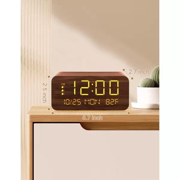 Digital Alarm Clock with Wooden Electronic LED Time Display 3 Alarm Settings 10W Wireless charging Day of the week Temperature Detect Wood Made Digital Clocks for Office Bedroom Bedside BlackBrown