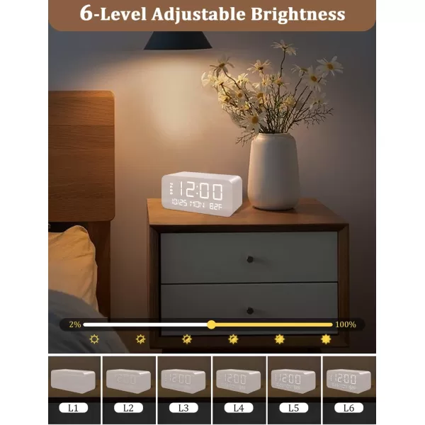 Digital Alarm Clock with Wooden Electronic LED Time Display 3 Alarm Settings 10W Wireless charging Day of the week Temperature Detect Wood Made Digital Clocks for Office Bedroom Bedside BlackWhite