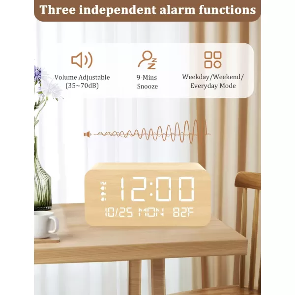 Digital Alarm Clock with Wooden Electronic LED Time Display 3 Alarm Settings 10W Wireless charging Day of the week Temperature Detect Wood Made Digital Clocks for Office Bedroom Bedside BlackYellow