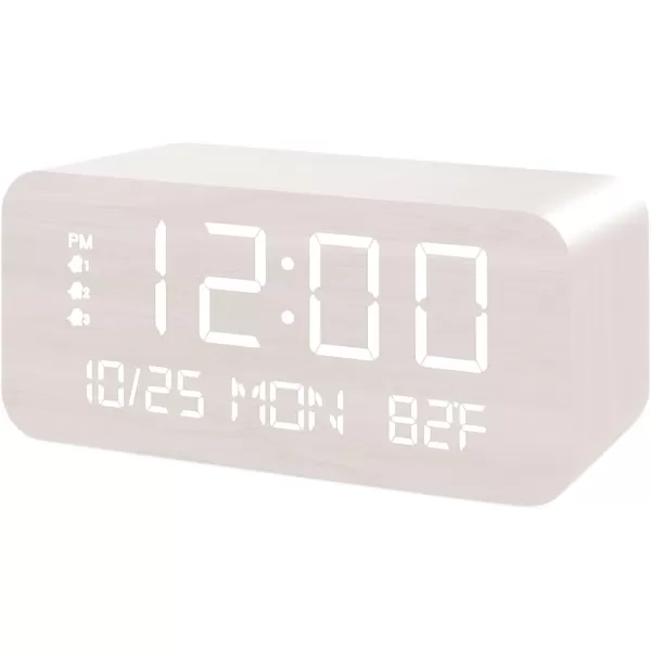 Digital Alarm Clock with Wooden Electronic LED Time Display 3 Alarm Settings 10W Wireless charging Day of the week Temperature Detect Wood Made Digital Clocks for Office Bedroom Bedside BlackWhite