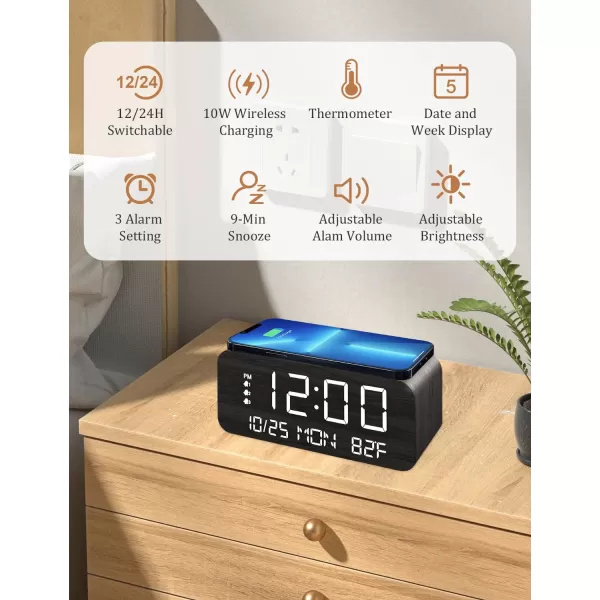 Digital Alarm Clock with Wooden Electronic LED Time Display 3 Alarm Settings 10W Wireless charging Day of the week Temperature Detect Wood Made Digital Clocks for Office Bedroom Bedside BlackBlack