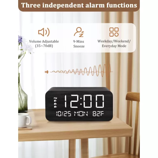 Digital Alarm Clock with Wooden Electronic LED Time Display 3 Alarm Settings 10W Wireless charging Day of the week Temperature Detect Wood Made Digital Clocks for Office Bedroom Bedside BlackBlack