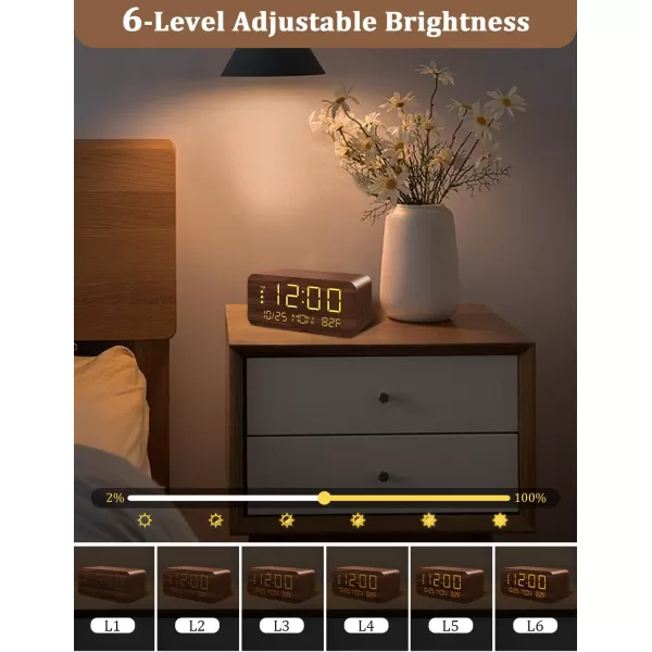 Digital Alarm Clock with Wooden Electronic LED Time Display 3 Alarm Settings 10W Wireless charging Day of the week Temperature Detect Wood Made Digital Clocks for Office Bedroom Bedside BlackBrown