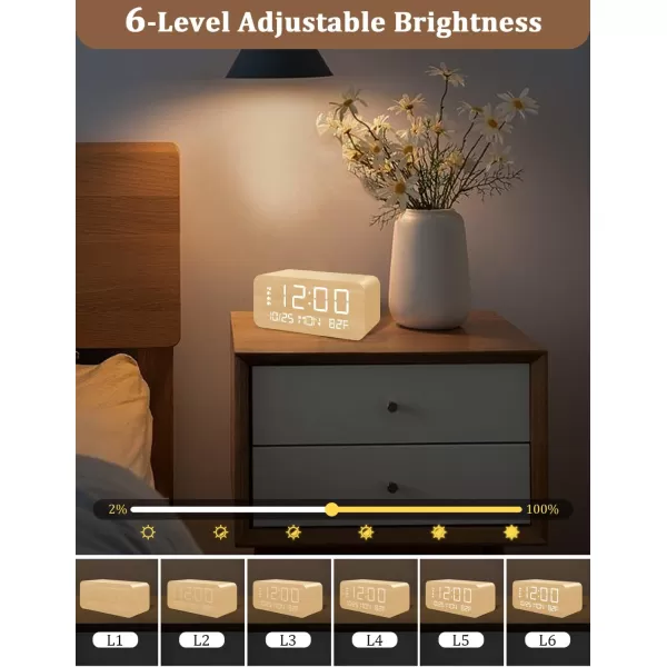 Digital Alarm Clock with Wooden Electronic LED Time Display 3 Alarm Settings 10W Wireless charging Day of the week Temperature Detect Wood Made Digital Clocks for Office Bedroom Bedside BlackYellow