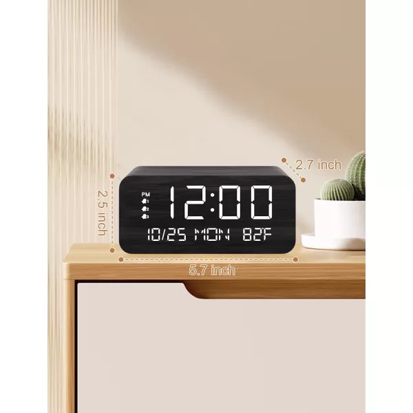 Digital Alarm Clock with Wooden Electronic LED Time Display 3 Alarm Settings 10W Wireless charging Day of the week Temperature Detect Wood Made Digital Clocks for Office Bedroom Bedside BlackBlack