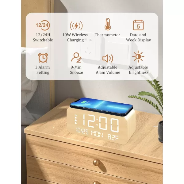 Digital Alarm Clock with Wooden Electronic LED Time Display 3 Alarm Settings 10W Wireless charging Day of the week Temperature Detect Wood Made Digital Clocks for Office Bedroom Bedside BlackYellow