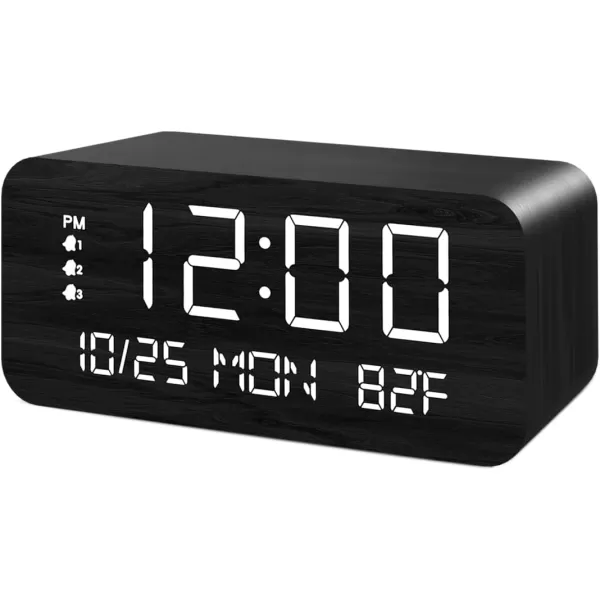 Digital Alarm Clock with Wooden Electronic LED Time Display 3 Alarm Settings 10W Wireless charging Day of the week Temperature Detect Wood Made Digital Clocks for Office Bedroom Bedside BlackBlack