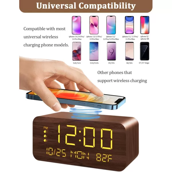 Digital Alarm Clock with Wooden Electronic LED Time Display 3 Alarm Settings 10W Wireless charging Day of the week Temperature Detect Wood Made Digital Clocks for Office Bedroom Bedside BlackBrown