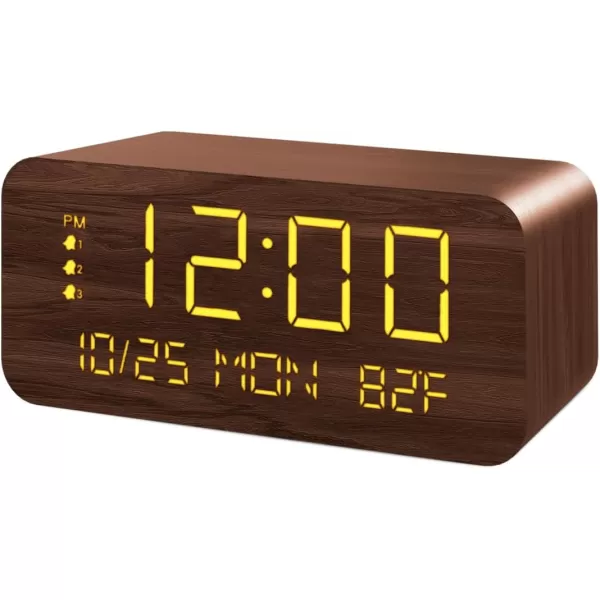 Digital Alarm Clock with Wooden Electronic LED Time Display 3 Alarm Settings 10W Wireless charging Day of the week Temperature Detect Wood Made Digital Clocks for Office Bedroom Bedside BlackBrown