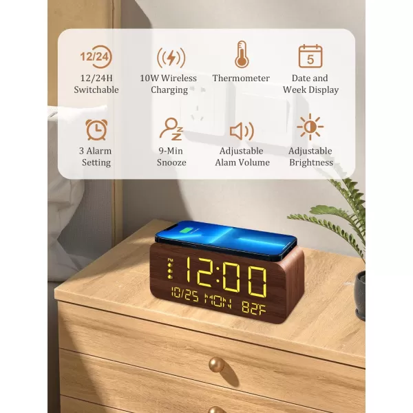 Digital Alarm Clock with Wooden Electronic LED Time Display 3 Alarm Settings 10W Wireless charging Day of the week Temperature Detect Wood Made Digital Clocks for Office Bedroom Bedside BlackBrown