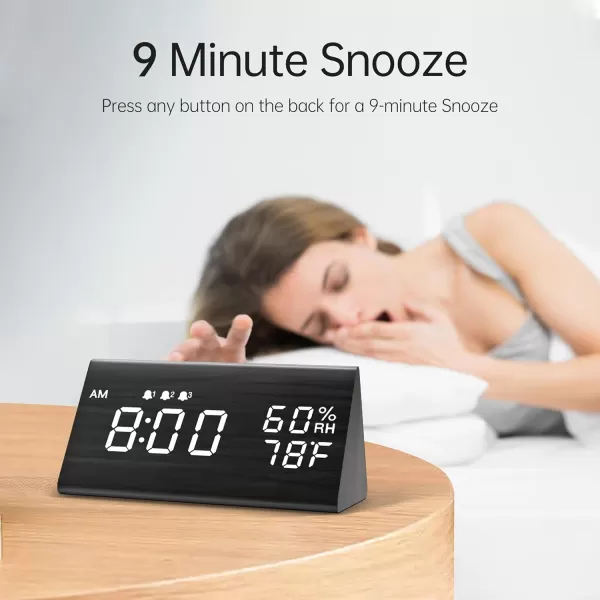 Digital Alarm Clock with Wooden Electronic LED Time Display 3 Alarm Settings Humidity ampamp Temperature Detect Wood Made Electric Clocks for Bedroom Bedside BlackBlack