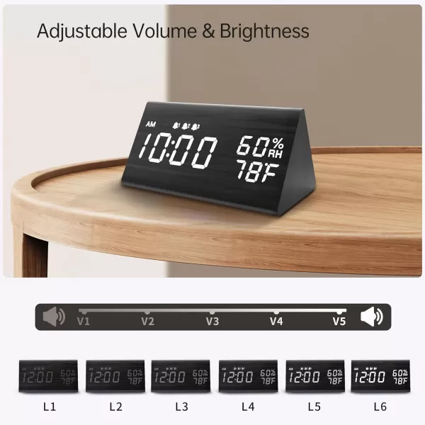 Digital Alarm Clock with Wooden Electronic LED Time Display 3 Alarm Settings Humidity ampamp Temperature Detect Wood Made Electric Clocks for Bedroom Bedside BlackBlack