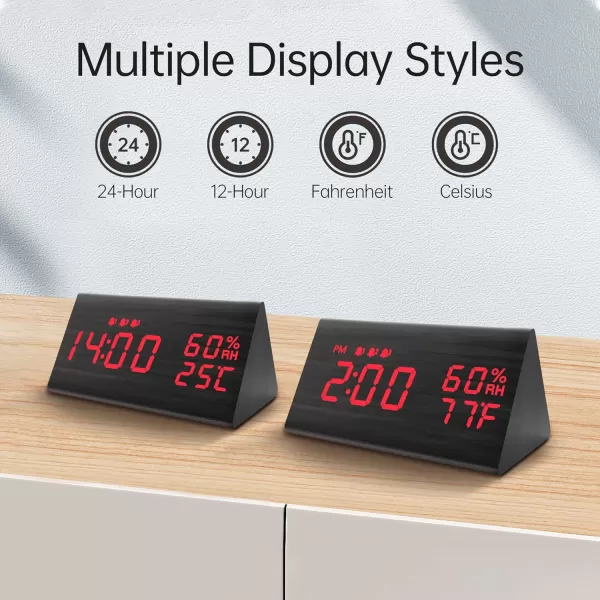 Digital Alarm Clock with Wooden Electronic LED Time Display 3 Alarm Settings Humidity ampamp Temperature Detect Wood Made Electric Clocks for Bedroom Bedside BlackBlack  Red Led