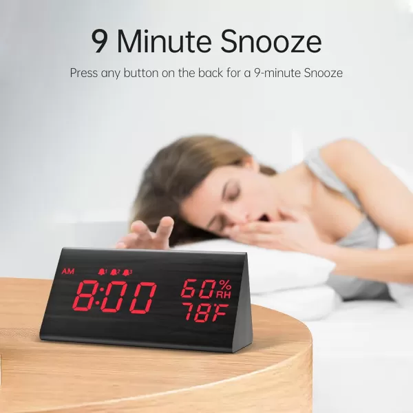 Digital Alarm Clock with Wooden Electronic LED Time Display 3 Alarm Settings Humidity ampamp Temperature Detect Wood Made Electric Clocks for Bedroom Bedside BlackBlack  Red Led