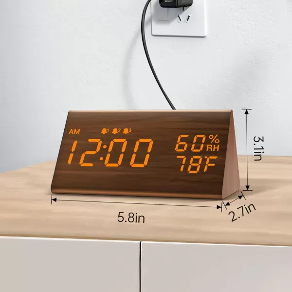 Digital Alarm Clock with Wooden Electronic LED Time Display 3 Alarm Settings Humidity ampamp Temperature Detect Wood Made Electric Clocks for Bedroom Bedside BlackBrown