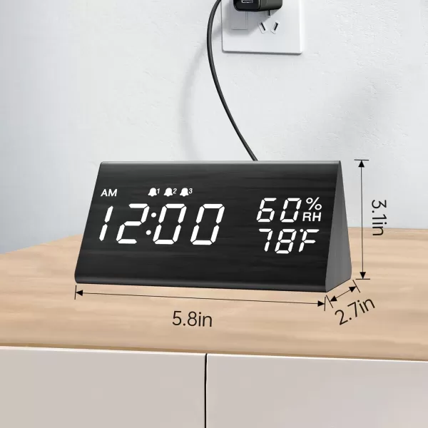 Digital Alarm Clock with Wooden Electronic LED Time Display 3 Alarm Settings Humidity ampamp Temperature Detect Wood Made Electric Clocks for Bedroom Bedside BlackBlack