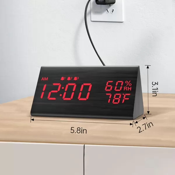 Digital Alarm Clock with Wooden Electronic LED Time Display 3 Alarm Settings Humidity ampamp Temperature Detect Wood Made Electric Clocks for Bedroom Bedside BlackBlack  Red Led