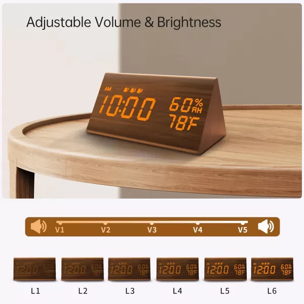 Digital Alarm Clock with Wooden Electronic LED Time Display 3 Alarm Settings Humidity ampamp Temperature Detect Wood Made Electric Clocks for Bedroom Bedside BlackBrown