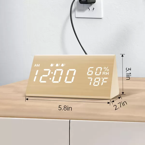 Digital Alarm Clock with Wooden Electronic LED Time Display 3 Alarm Settings Humidity ampamp Temperature Detect Wood Made Electric Clocks for Bedroom Bedside BlackYellow