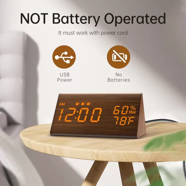 Digital Alarm Clock with Wooden Electronic LED Time Display 3 Alarm Settings Humidity ampamp Temperature Detect Wood Made Electric Clocks for Bedroom Bedside BlackBrown