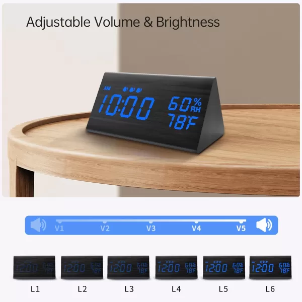 Digital Alarm Clock with Wooden Electronic LED Time Display 3 Alarm Settings Humidity ampamp Temperature Detect Wood Made Electric Clocks for Bedroom Bedside BlackBlack  Blue Led