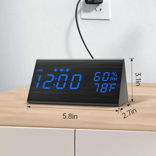 Digital Alarm Clock with Wooden Electronic LED Time Display 3 Alarm Settings Humidity ampamp Temperature Detect Wood Made Electric Clocks for Bedroom Bedside BlackBlack  Blue Led