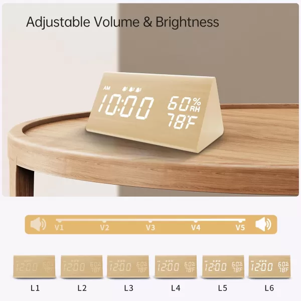 Digital Alarm Clock with Wooden Electronic LED Time Display 3 Alarm Settings Humidity ampamp Temperature Detect Wood Made Electric Clocks for Bedroom Bedside BlackYellow