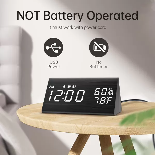 Digital Alarm Clock with Wooden Electronic LED Time Display 3 Alarm Settings Humidity ampamp Temperature Detect Wood Made Electric Clocks for Bedroom Bedside BlackBlack