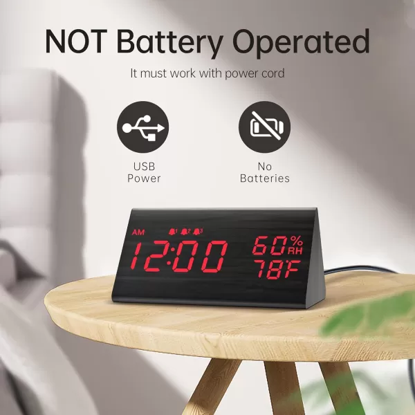 Digital Alarm Clock with Wooden Electronic LED Time Display 3 Alarm Settings Humidity ampamp Temperature Detect Wood Made Electric Clocks for Bedroom Bedside BlackBlack  Red Led