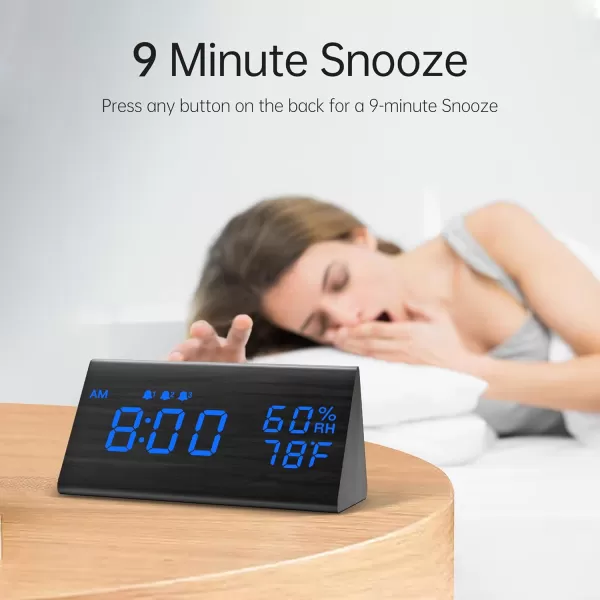 Digital Alarm Clock with Wooden Electronic LED Time Display 3 Alarm Settings Humidity ampamp Temperature Detect Wood Made Electric Clocks for Bedroom Bedside BlackBlack  Blue Led