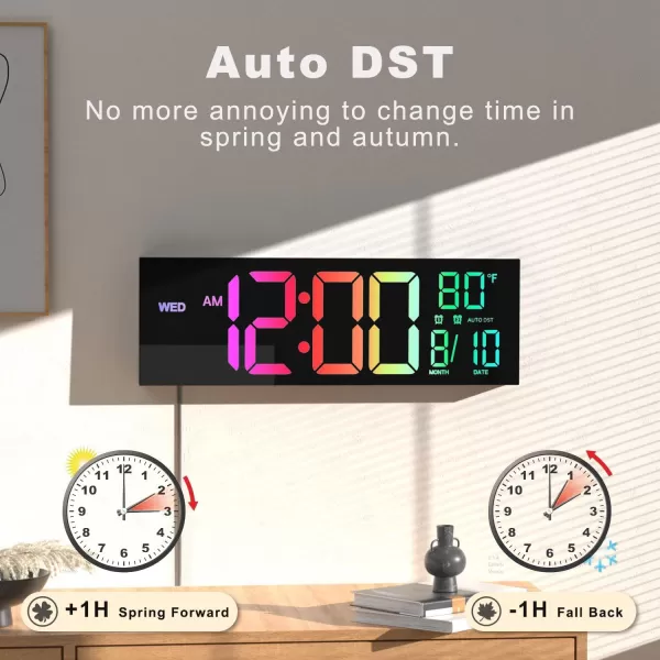 JALL 16quot Large Digital Wall Clock with Remote Control Dual Alarm with Big LED Screen Dispaly 8 RGB Colors Auto DST Temperature for Living Room Bedroom Desk Decor Mounted Gift for ElderlyBlack