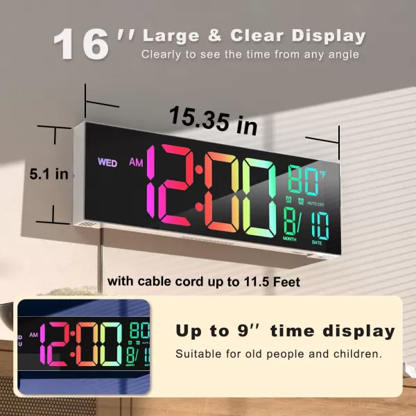 JALL 16quot Large Digital Wall Clock with Remote Control Dual Alarm with Big LED Screen Dispaly 8 RGB Colors Auto DST Temperature for Living Room Bedroom Desk Decor Mounted Gift for ElderlyWhite