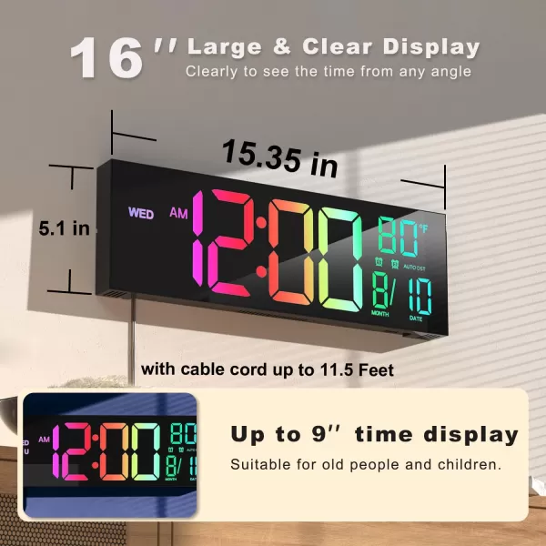 JALL 16quot Large Digital Wall Clock with Remote Control Dual Alarm with Big LED Screen Dispaly 8 RGB Colors Auto DST Temperature for Living Room Bedroom Desk Decor Mounted Gift for ElderlyBlack