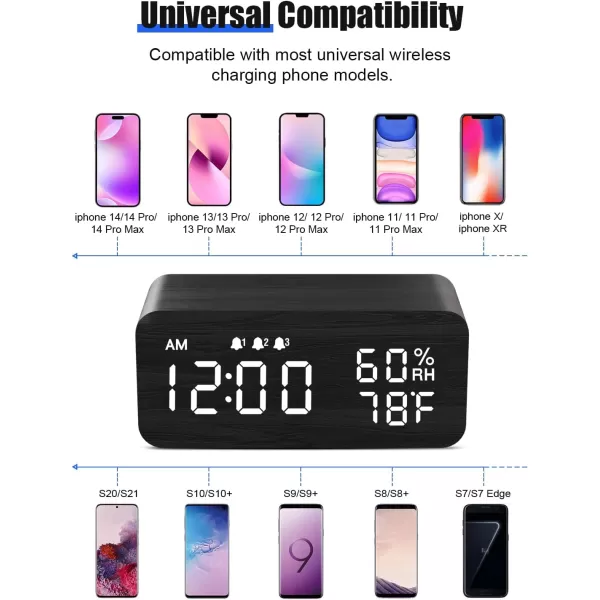 JALL Wooden Digital Alarm Clock with Wireless Charging Dimmable Adjustable Volume 3 Alarms WeekdayWeekend Mode Snooze Digital Clock for Bedroom Bedside Office BlackBlack
