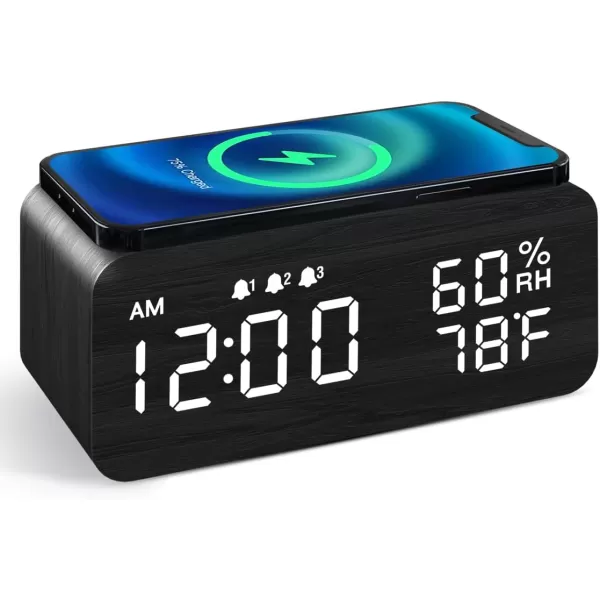 JALL Wooden Digital Alarm Clock with Wireless Charging Dimmable Adjustable Volume 3 Alarms WeekdayWeekend Mode Snooze Digital Clock for Bedroom Bedside Office BlackBlack