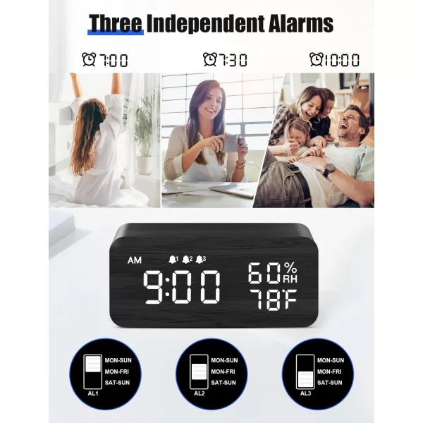 JALL Wooden Digital Alarm Clock with Wireless Charging Dimmable Adjustable Volume 3 Alarms WeekdayWeekend Mode Snooze Digital Clock for Bedroom Bedside Office BlackBlack