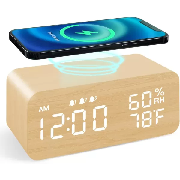 JALL Wooden Digital Alarm Clock with Wireless Charging Dimmable Adjustable Volume 3 Alarms WeekdayWeekend Mode Snooze Digital Clock for Bedroom Bedside Office BlackYellow