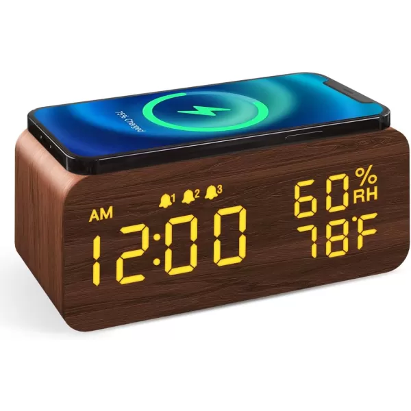 JALL Wooden Digital Alarm Clock with Wireless Charging Dimmable Adjustable Volume 3 Alarms WeekdayWeekend Mode Snooze Digital Clock for Bedroom Bedside Office BlackBrown