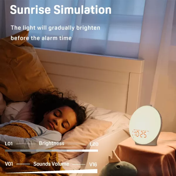 Wake Up Light Sunrise Alarm Clock for Kids Heavy Sleepers Bedroom with Sunrise Simulation Sleep Aid Dual Alarms FM Radio Snooze Nightlight Daylight 7 Colors 7 Natural Sounds Ideal for GiftWood Grain