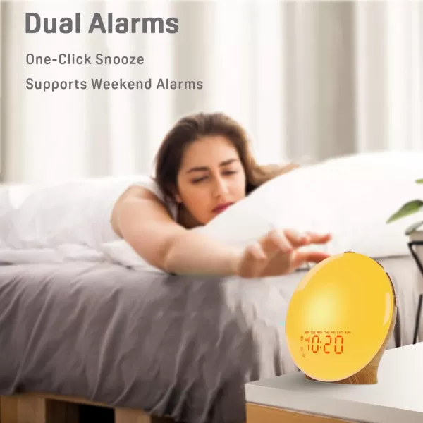 Wake Up Light Sunrise Alarm Clock for Kids Heavy Sleepers Bedroom with Sunrise Simulation Sleep Aid Dual Alarms FM Radio Snooze Nightlight Daylight 7 Colors 7 Natural Sounds Ideal for GiftWood Grain